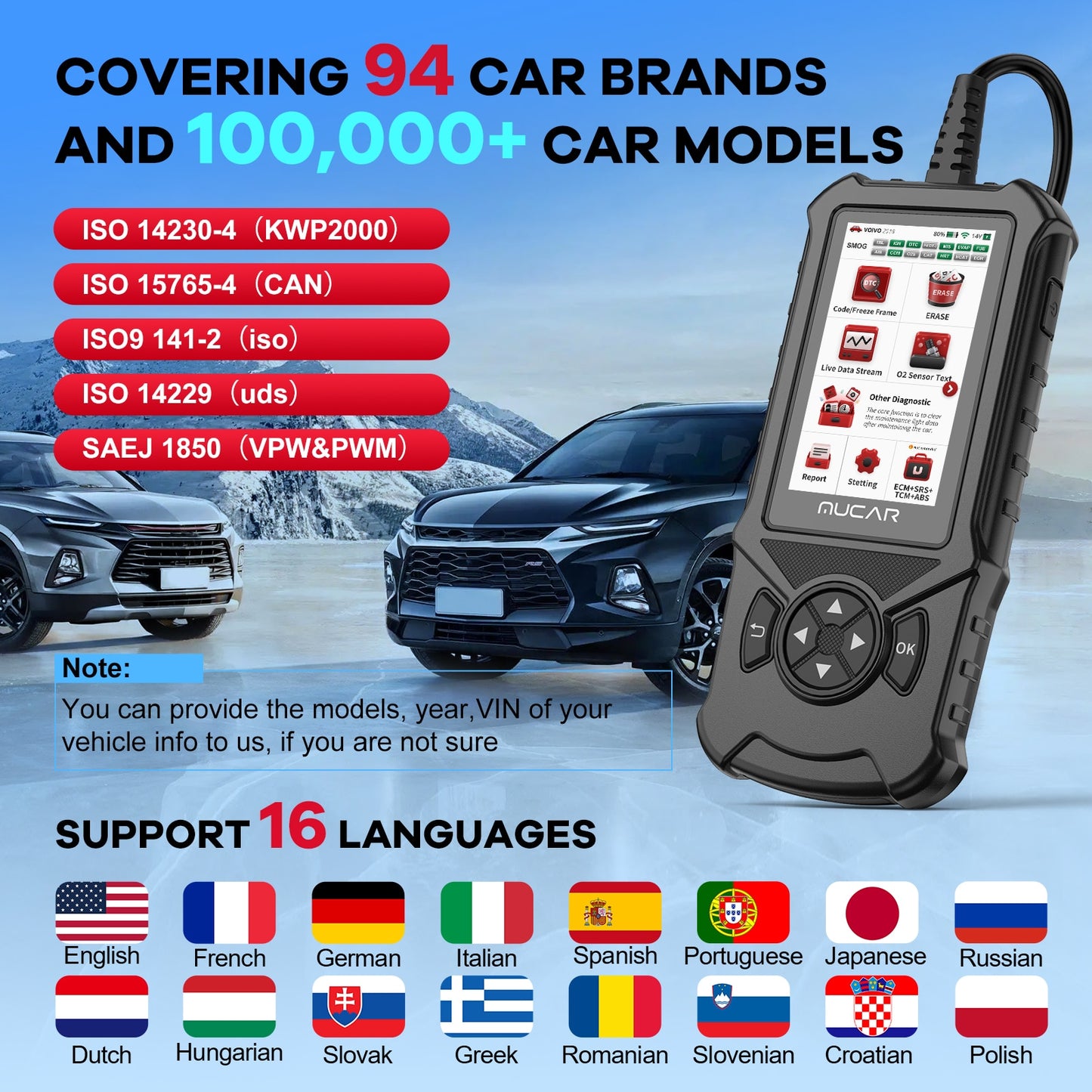 MUCAR CDE900 OBD2 Car Scanner Auto Diagnostic Tool ECM TCM ABS SRS 2+16G Code Reader OBD2 Automotive Diagnosis Wifi Free Update