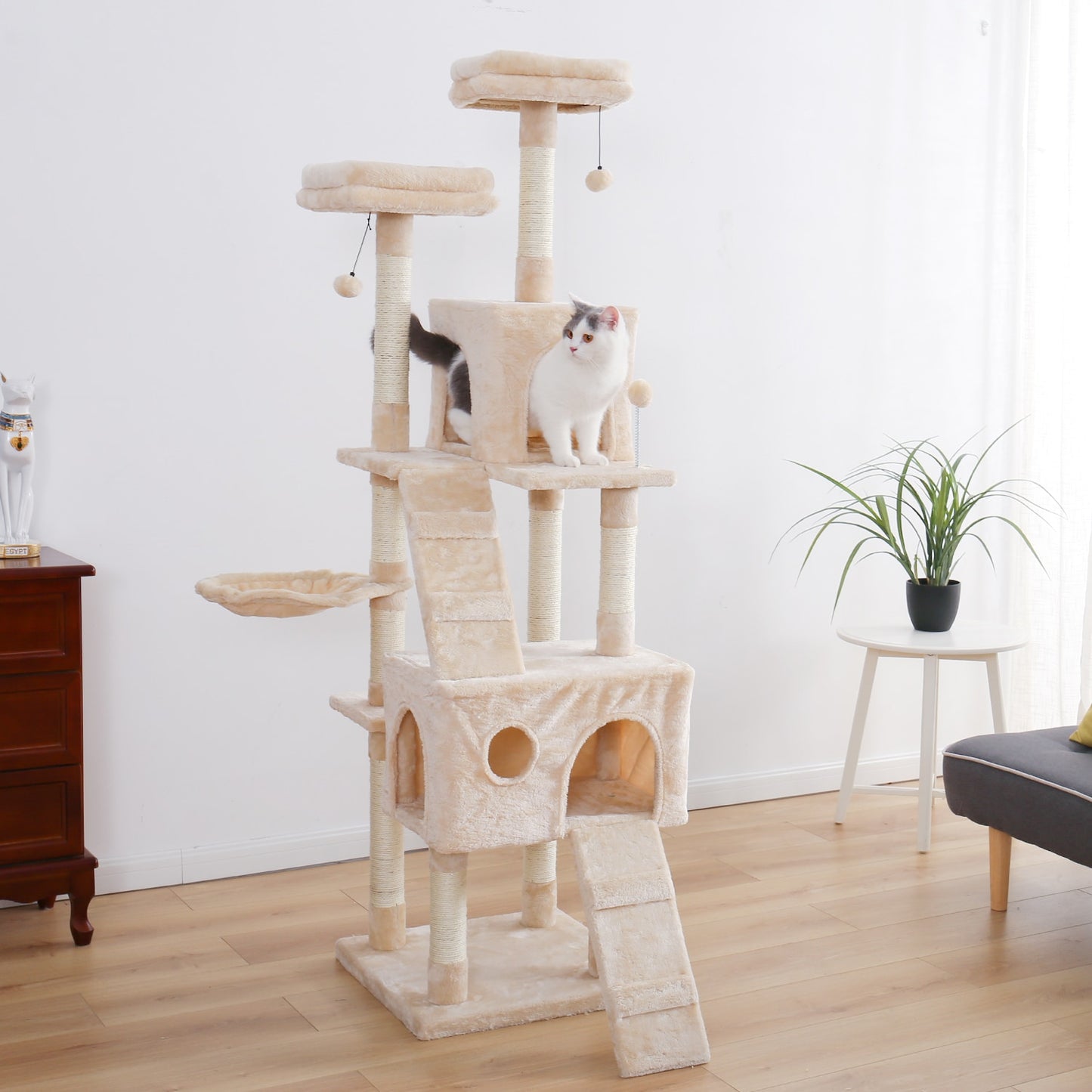 Free Shipping 180CM Multi-Level Cat Tree For Cats With Cozy Perches Stable Cat Climbing Frame Cat Scratch Board Toys Gray&amp;Beige