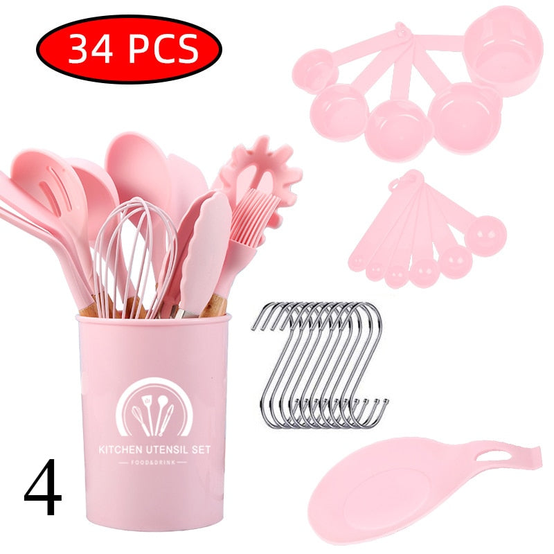 34 Pcs Silicone Kitchen Utensils Set Heat Resistant Non-Stick Cooking Tool With Measuring Cup Spoon Mat Hook Kitchen Accessories