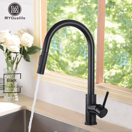 Free Shipping Black Kitchen Faucet Two Function Single Handle Pull Out Mixer  Hot and Cold Water Taps Deck Mounted