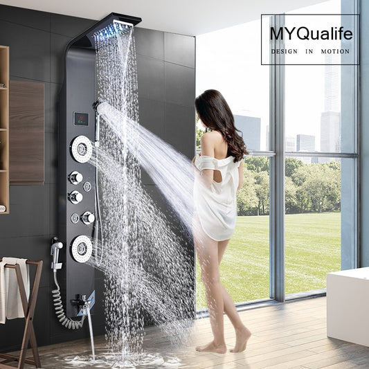 Black LED Light Shower Faucet Bathroom SPA Massage Jet Shower Column System Waterfall Rain Shower Panel Bidet Sprayer Tap