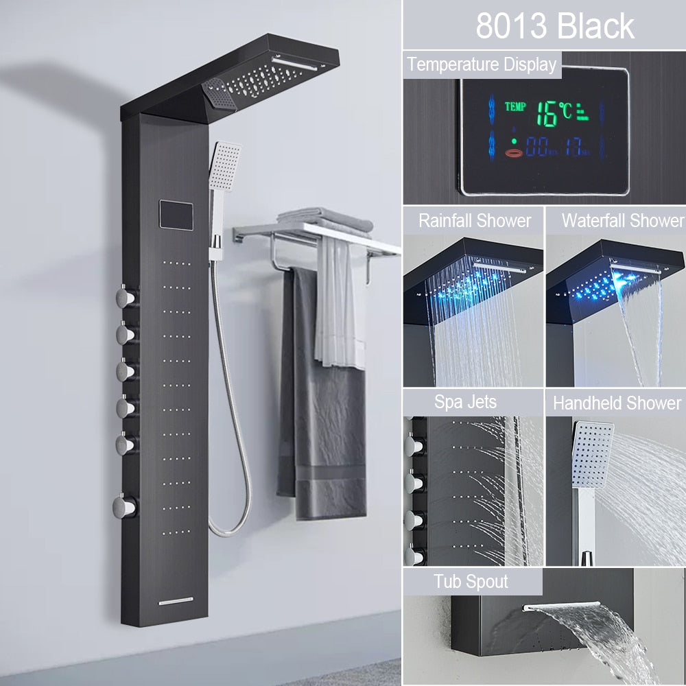 Black LED Light Shower Faucet Bathroom SPA Massage Jet Shower Column System Waterfall Rain Shower Panel Bidet Sprayer Tap