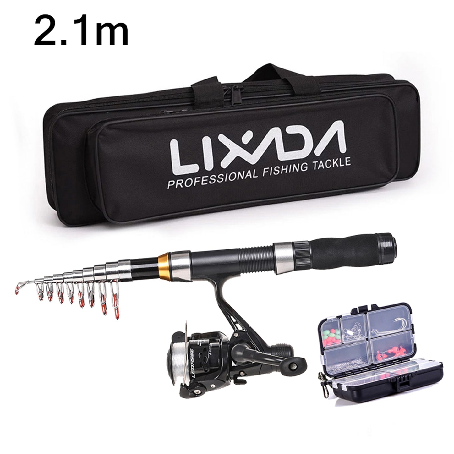 Lixada Fishing Rod Reel Combo Full Kit 2.1m/2.3m Telescopic Fishing Rod Spinning Reel Set with Hooks Soft Lures Barrel Swivels