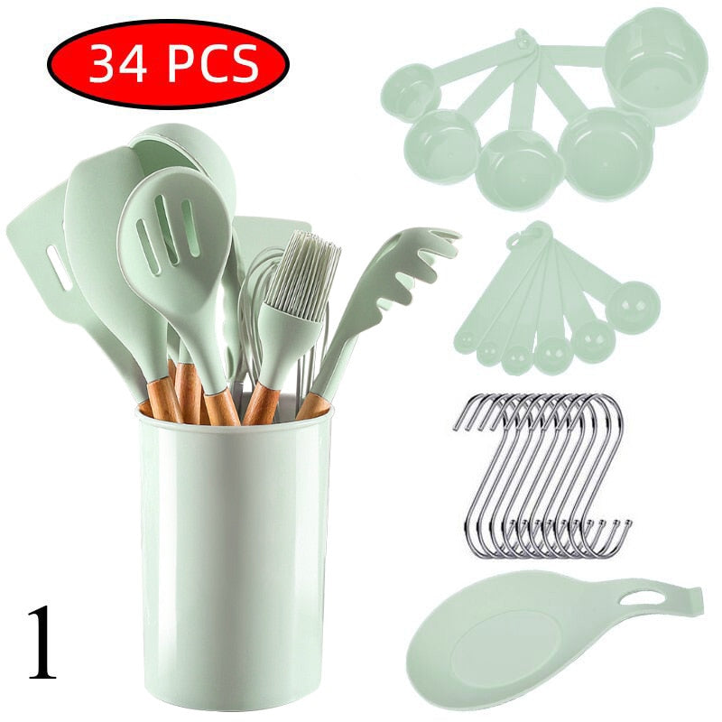 34 Pcs Silicone Kitchen Utensils Set Heat Resistant Non-Stick Cooking Tool With Measuring Cup Spoon Mat Hook Kitchen Accessories