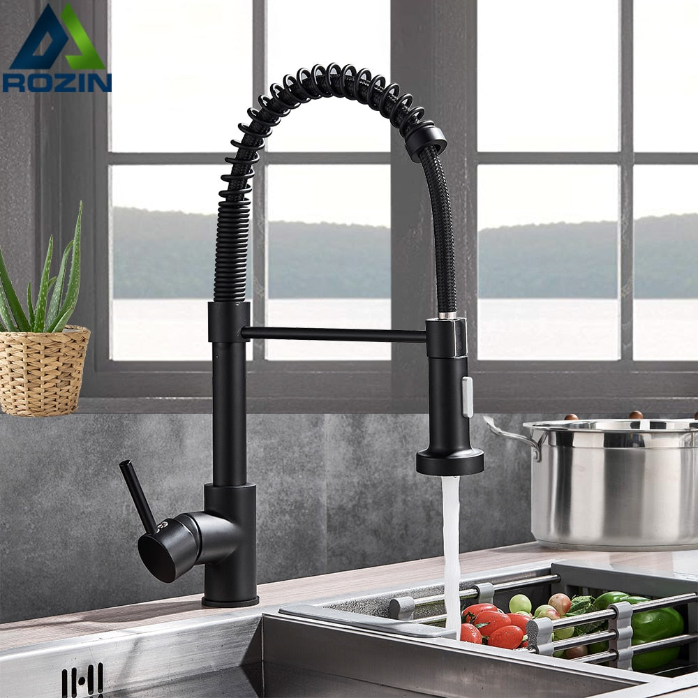 Rozin Matte Black Kitchen Faucet Deck Mounted Mixer Tap 360 Degree Rotation Stream Sprayer Nozzle Kitchen Sink Hot Cold Taps