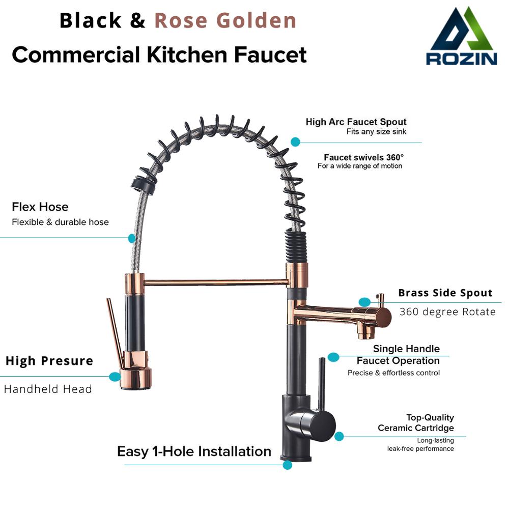 Rozin Black and Rose Golden Spring Pull Down Kitchen Sink Faucet  Hot &amp; Cold Water Mixer Crane Tap with Dual Spout Deck Mounted