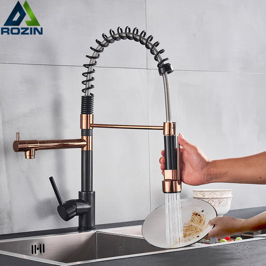 Rozin Black and Rose Golden Spring Pull Down Kitchen Sink Faucet  Hot &amp; Cold Water Mixer Crane Tap with Dual Spout Deck Mounted