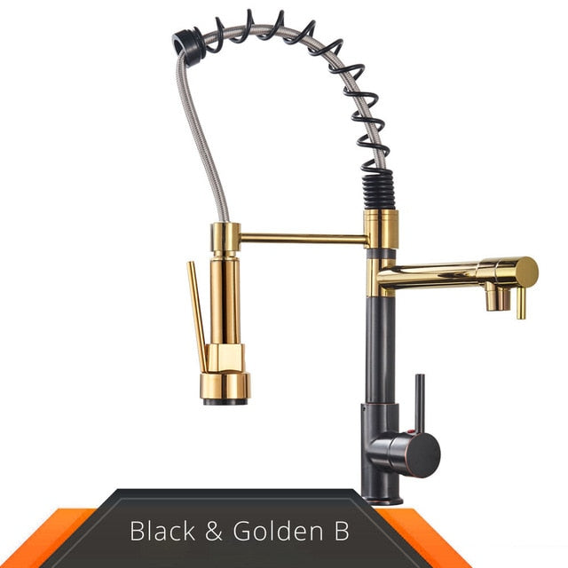 Rozin Black and Rose Golden Spring Pull Down Kitchen Sink Faucet  Hot &amp; Cold Water Mixer Crane Tap with Dual Spout Deck Mounted