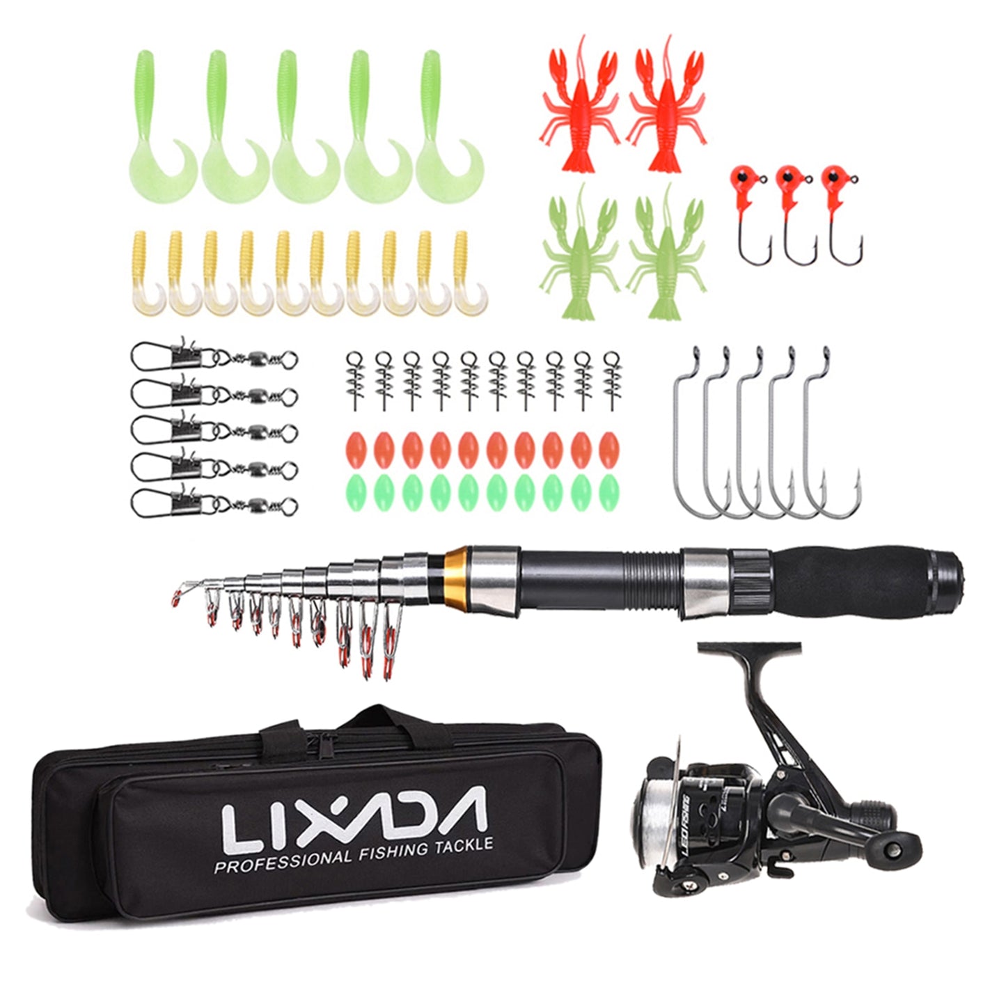 Lixada Fishing Rod Reel Combo Full Kit 2.1m/2.3m Telescopic Fishing Rod Spinning Reel Set with Hooks Soft Lures Barrel Swivels