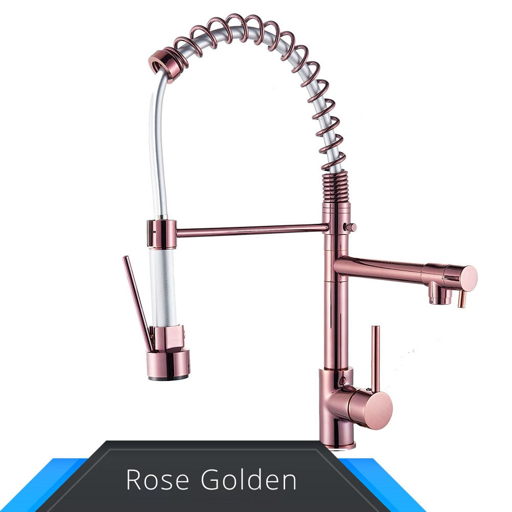 Rozin Black and Rose Golden Spring Pull Down Kitchen Sink Faucet  Hot &amp; Cold Water Mixer Crane Tap with Dual Spout Deck Mounted