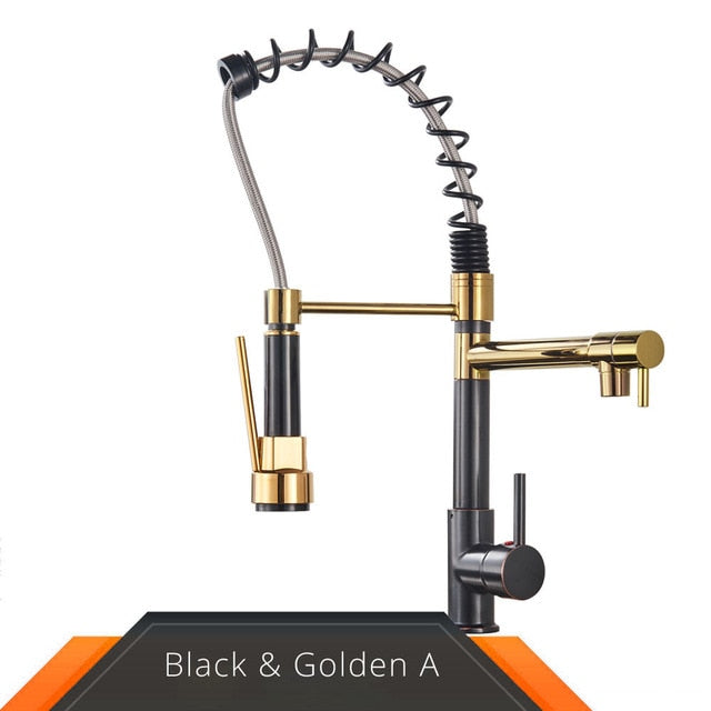 Rozin Black and Rose Golden Spring Pull Down Kitchen Sink Faucet  Hot &amp; Cold Water Mixer Crane Tap with Dual Spout Deck Mounted