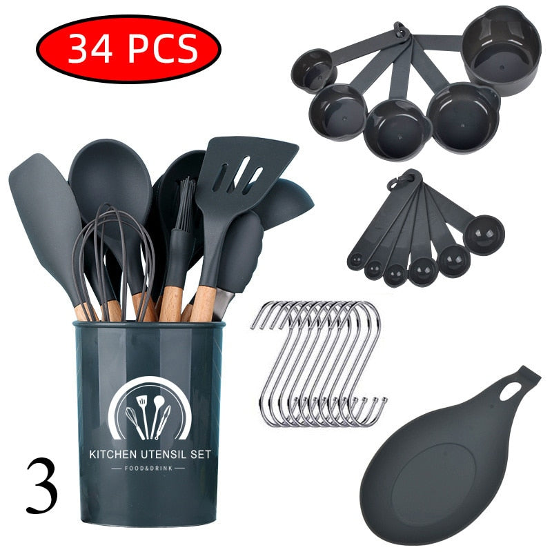 34 Pcs Silicone Kitchen Utensils Set Heat Resistant Non-Stick Cooking Tool With Measuring Cup Spoon Mat Hook Kitchen Accessories