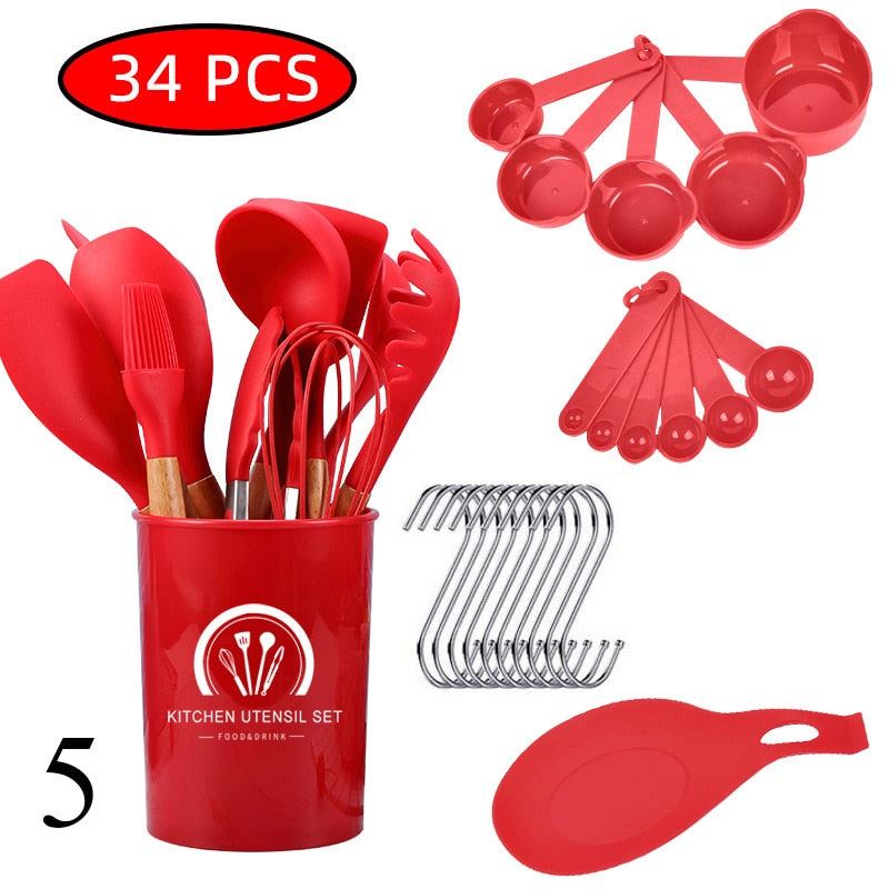 34 Pcs Silicone Kitchen Utensils Set Heat Resistant Non-Stick Cooking Tool With Measuring Cup Spoon Mat Hook Kitchen Accessories