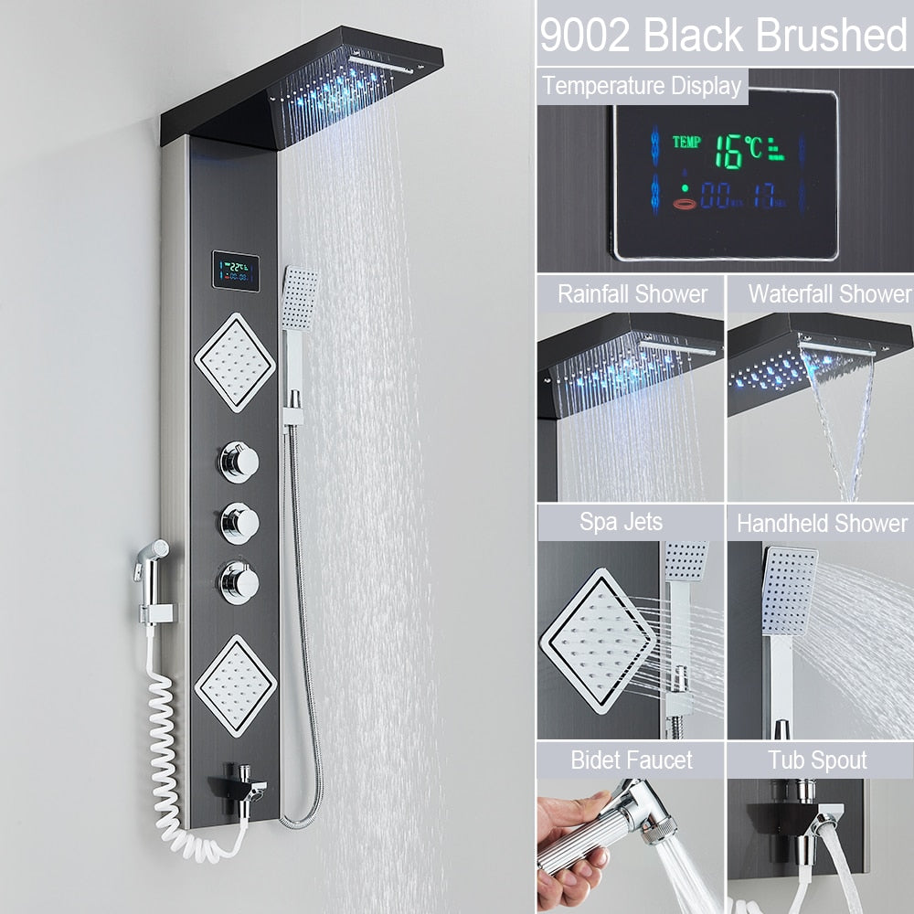 Black LED Light Shower Faucet Bathroom SPA Massage Jet Shower Column System Waterfall Rain Shower Panel Bidet Sprayer Tap