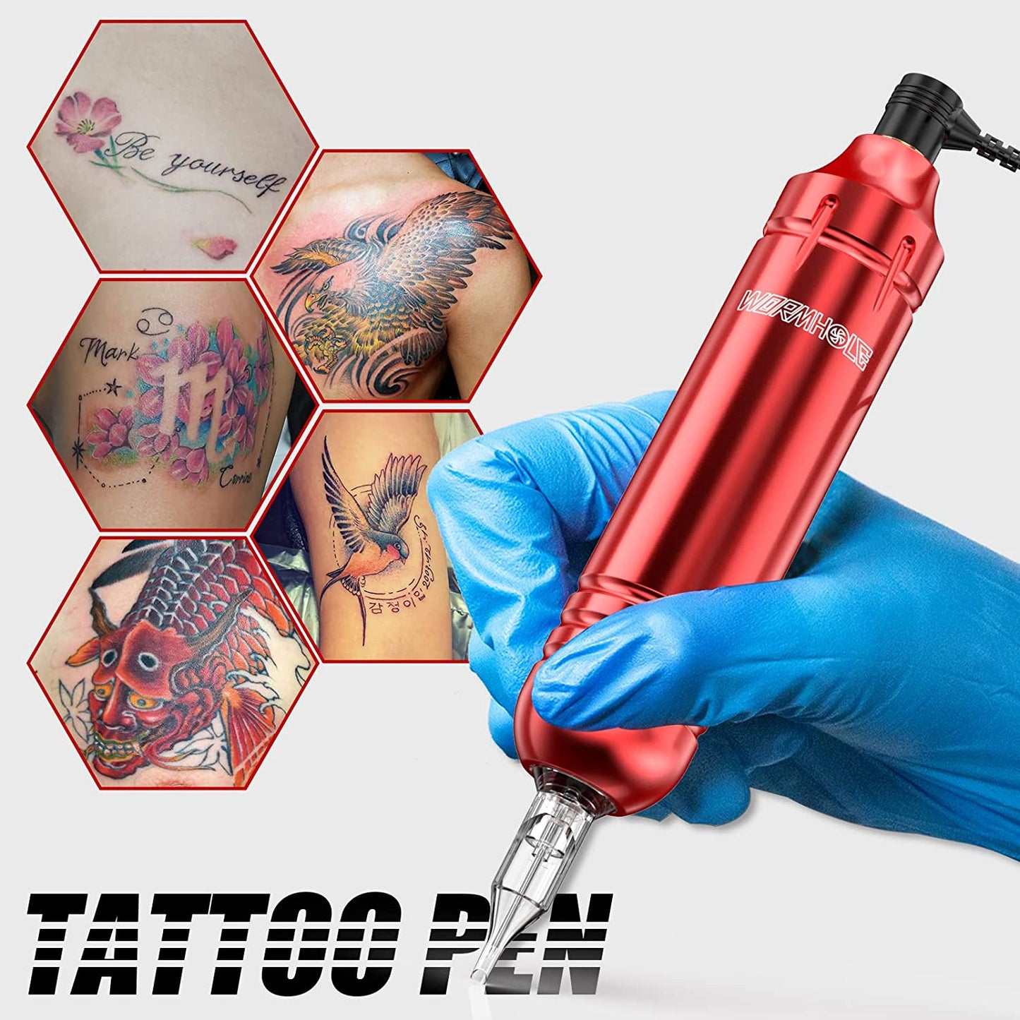 Wormhole Rotary Tattoo Machine Kit for Beginners Cartridge Tattoo Machine Kit with 20 Color Inks Power Supply Tattoo Pen Kit Red